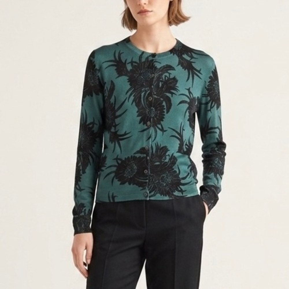 Prada Milano 2014 Resort Collection Floral Knit Cardigan Teal Black 40 IT 4 US